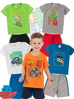 Kit 5 Conjuntos Infantil Menino Verão Camiseta em Meia Malha com Manga e Bermuda de Moletinho com Elástico