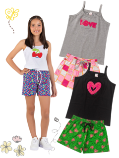 Kit 3 Conjuntos Infantil Juvenil Menina Verão Blusa De Alcinha e Shorts com Elástico em Cotton