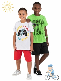 Kit 2 Conjuntos Infantil Juvenil Menino Verão Camiseta Manga em Meia Malha e Bermuda Moletinho com Elástico