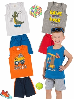 Kit 4 Conjuntos Infantil Menino Verão Camiseta Regata em Meia Malha e Bermuda em Moletinho com Elástico