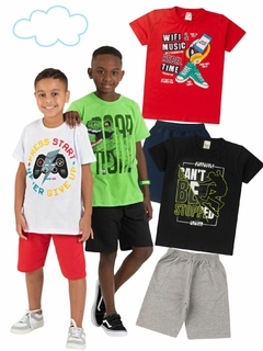 Conjunto Juvenil Menino Verão Camiseta Manga Curta Meia Malha e Bermuda Moletinho