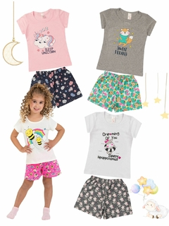 Kit 4 Pijamas Infantil Menina Verão em Meia Malha Estampado