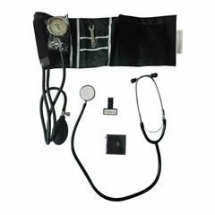 Kit de baumanómetro aneroide de dos mangueras con estetoscopio, incluye manguito, manómetro y accesorios médicos.