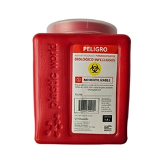 Contenedor rojo de 1.5 litros para recolección de punzocortantes, con advertencia de peligro y etiquetas informativas.