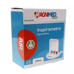 inspirometro Magnimed, un dispositivo para medir la capacidad pulmonar, con tubos de colores que indican el flujo de aire.