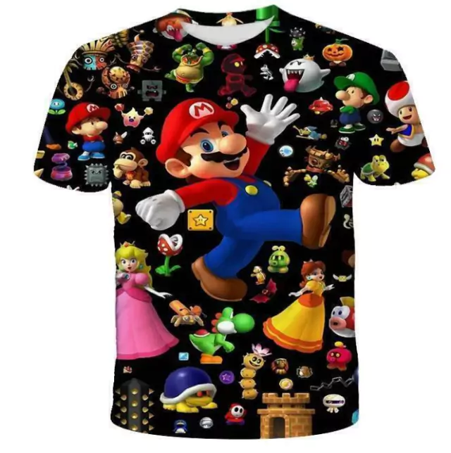 Camiseta infantil com estampa do Super Mario e personagens da Disney, incluindo Mario, Princesa Peach e outros ícones dos jogos.