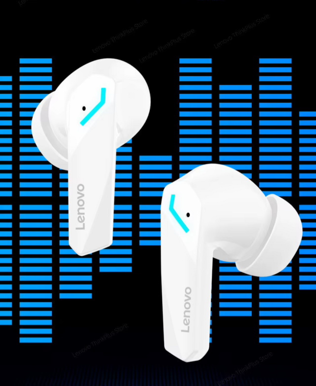 Fones de ouvido Lenovo GM2 Pro com design moderno e iluminação azul, contra um fundo gráfico de equalizador.