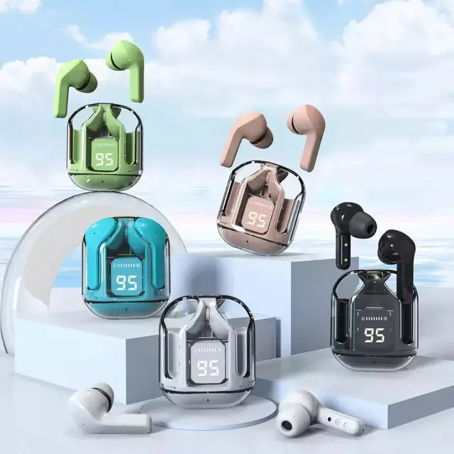 Fones de ouvido TWS Transparente V5 Pro em várias cores, exibindo suas caixas e indicadores de carga.