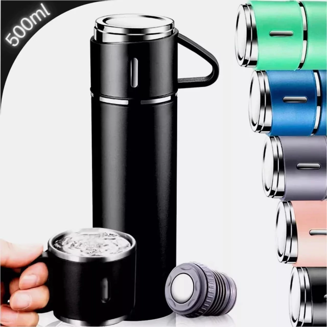 Kit de café e chá em aço inox de 500ml, incluindo copo e tampas, disponível em várias cores.
