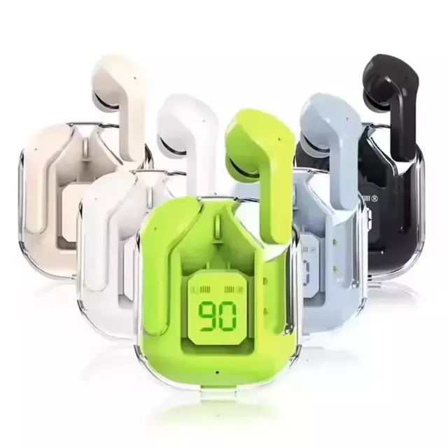 Fones de ouvido TWS Transparente V5 Pro em várias cores, com display de bateria.