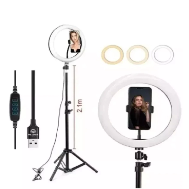 Tripé iluminador LED de 10 polegadas com altura de 2,1 m, incluindo controle USB e suportes para celular.