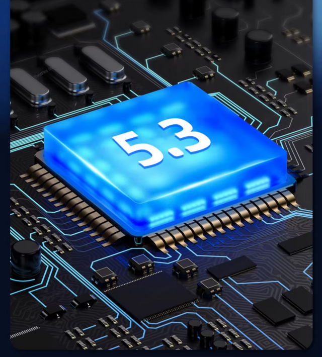 Processador iluminado com o número 5.3 em uma placa de circuito eletrônico.