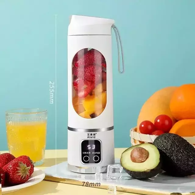 Espremedor portátil USB com frutas variadas, ideal para preparar sucos frescos.