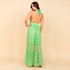 Vestido Longo Tule Verde Poá Frente Única com Cinto - comprar online