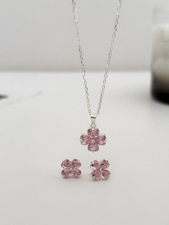 CONJUNTO FLOR CRISTAL ROSA PRATA 925