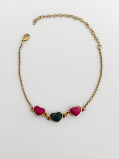 PULSEIRA CORAÇÕES PEDRA PELDSPATO ROSA E VERDE BANHO OURO 18k - comprar online