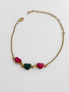 PULSEIRA CORAÇÕES PEDRA PELDSPATO ROSA E VERDE BANHO OURO 18k