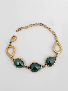 PULSEIRA PEDRA NATURAL ÁGATA VERDE PEROLADA BANHO OURO 18k