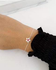 PULSEIRA FLOR PEROLA COM ZIRCONIA PINK PRATA 925