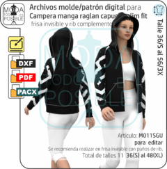 011 E Molde digital para Campera con capucha slim fit, manga raglan