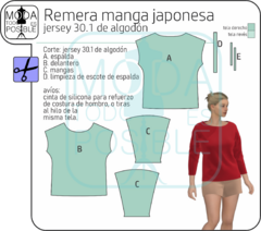 005E. Molde digital para Remera escote bote manga japonesa en internet