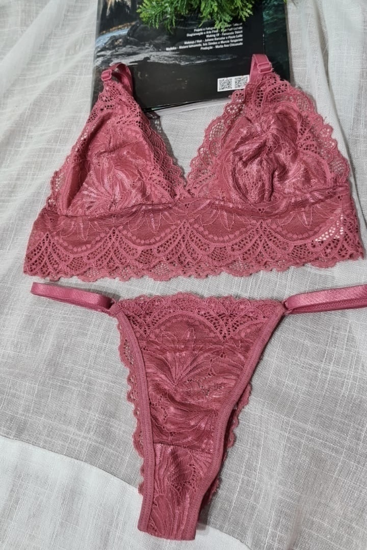 Conjunto lingerie sutiã top renda azul com rosa sem bojo calcinha