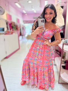 Vestido longo indiano rosa neon