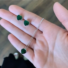 Conjunto Colar e Brinco de Coração Zircônia Verde