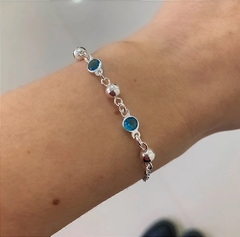 Pulseira De Prata 925 Bolinhas e Zircônias Azuis