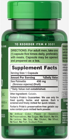 Saw Palmetto - Pipingrock - 450 MG - 100 CAPSULAS - comprar online