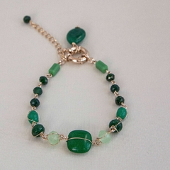 18k gold-plated bracelet, embroidered with crystals, green muranos and Malaysian jade.