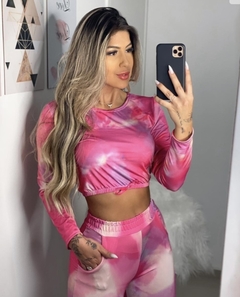 Conjunto cropped manga longa e calça rosa tie dye - comprar online