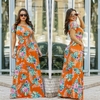 Vestido longo moda evangélica manga curta e bolsos laranja flores florido