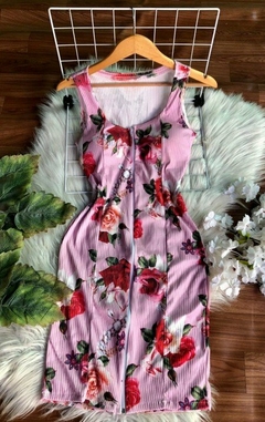 Vestido alça tubinho zíper rosa com flores florido