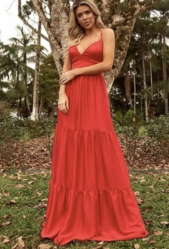 Vestido longo alça alcinha decote camadas vermelho