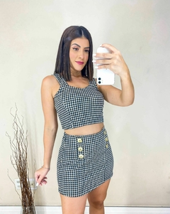 Conjunto cropped e short saia botões inspiração pied poule na internet