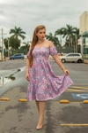 Vestido midi moda evangélica manga curta lilás flores florido