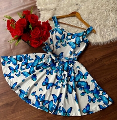 Vestido boneca rodado cinto faixa borboleta azul