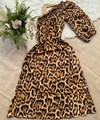 Vestido maxi midi mula manga uma manga só onça oncinha animal print