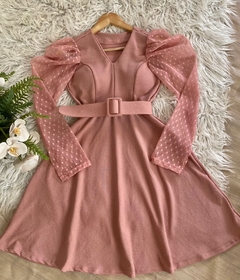 Vestido boneca rodado midi moda evangélica manga longa tule poá com cinto