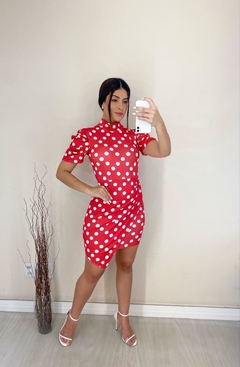 Vestido curto assimétrico manga curta vermelho poá bolinhas brancas na internet