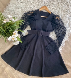 Vestido boneca rodado midi moda evangélica manga longa tule poá com cinto - comprar online