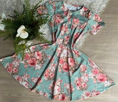 Vestido boneca rodado manga curta verde água florido flores