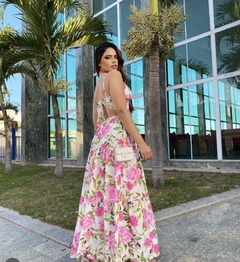 Vestido longo camadas decote primavera floral florido - Dalia Rosada