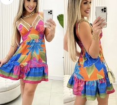 Vestido curto rodado babado decote com renda guipir - comprar online