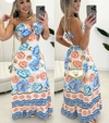 Vestido longo decote argola com babado florido flores