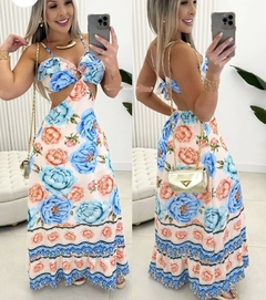 Vestido longo decote argola com babado florido flores