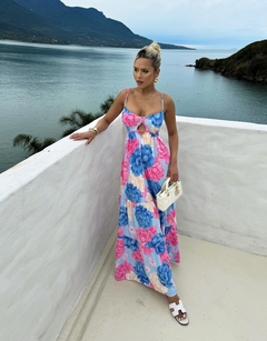 Vestido longo azul flores florido delicado santorini - comprar online