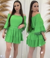 Vestido verde curto babado manga 7/8 ciganinha com cinto