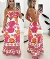 Vestido longo decote argola com babado florido flores